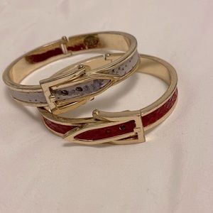 Set of 2- Buckle clasp bracelets gold with red and blue croc/reptile
